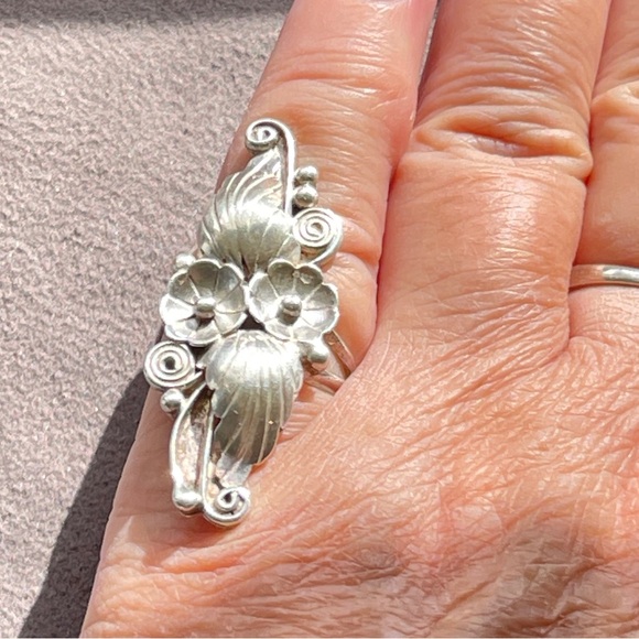 Vintage Signed Angela Lee Navajo Sterling Peyote Cactus Flowers Leaves Ring - Picture 2 of 9